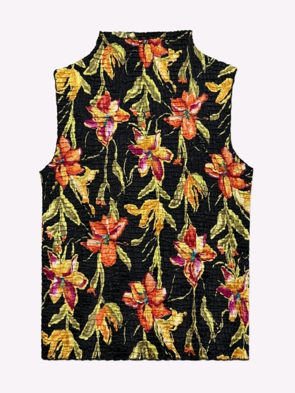 🌼 Vintage 90s Plissé black floral crinkle mock neck top